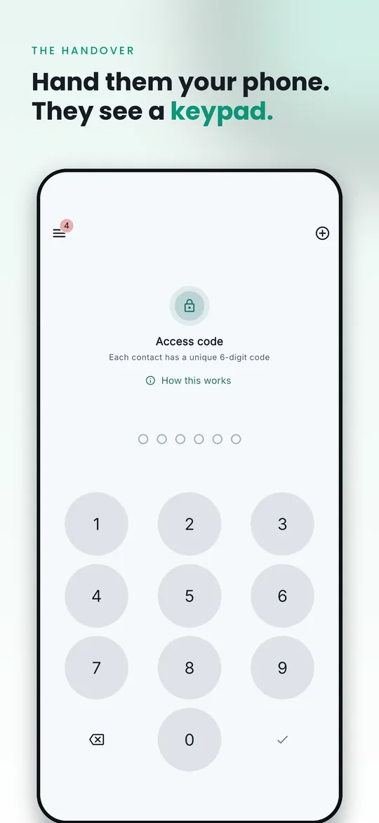 Hush home screen showing only a numeric keypad