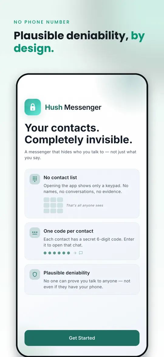 Hush account with a username only — no phone number required