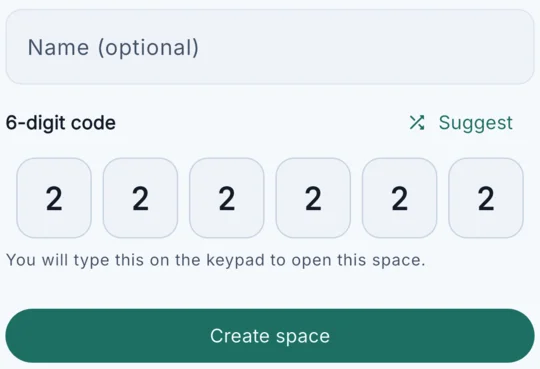 Hush creation form showing an optional name, a six-digit example code and the Create space button.