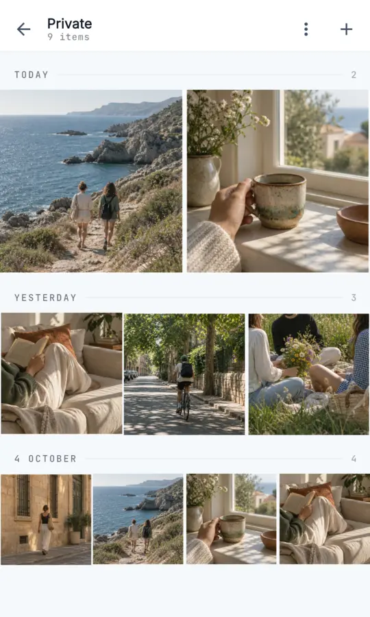 An open Hush Private Space with bundled sample photos